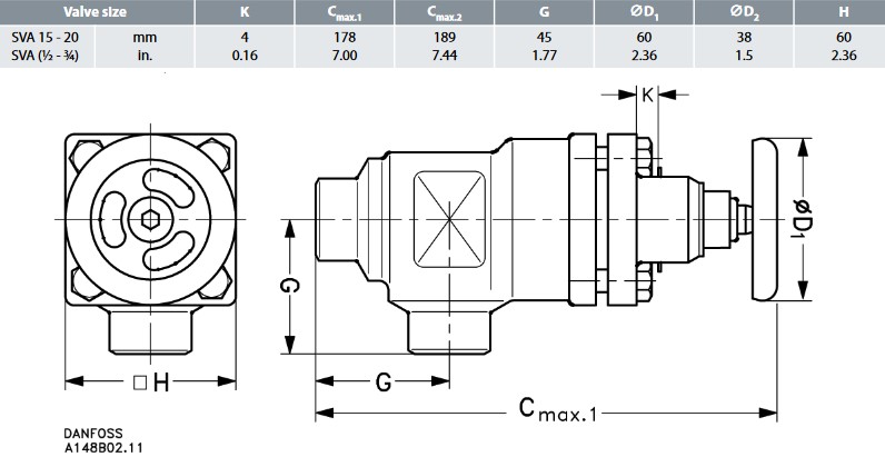 Danfoss Stop Valve SVA-S 20 A Angle + H-Wheel