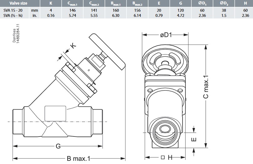 Danfoss Stop Valve SVA-S 20 A Straight+ H-Wheel