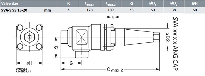 Danfoss Stop Valve SVA-S SS 20 D Stainless Angle + Cap