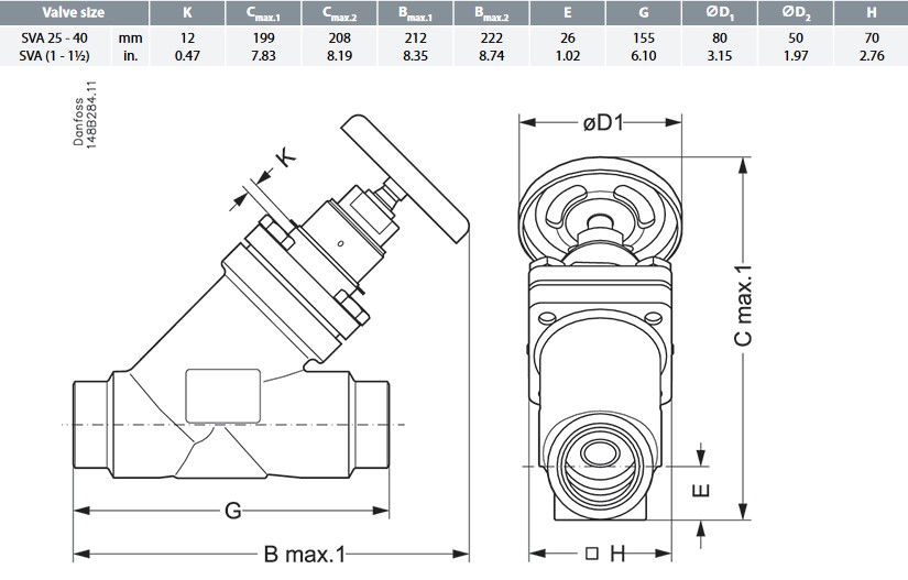 Danfoss Stop Valve SVA-S 25 A Straight + H- Wheel
