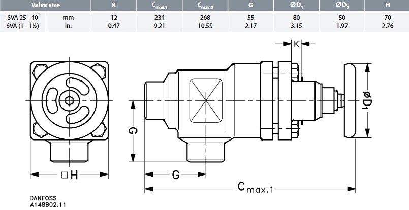 Danfoss Stop Valve SVA-S 40 A Angle + H-Wheel