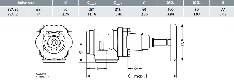 Danfoss Stop Valve SVA-S 50 A Angle + H-Wheel