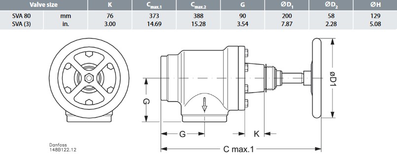 Danfoss Stop Valve SVA-S 80 A Angle + H-Wheel