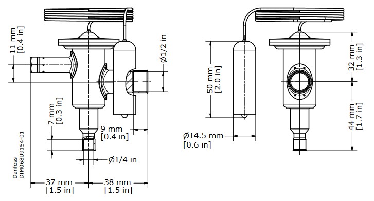TX Valve TUB No3 R134a Int Equal 1.4kW 1/4"ODF x 1/2"ODF