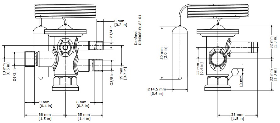 TX Valve TUAE R22/R407C External Equal -40/+10C 3/8"ODF x 1/2"ODF