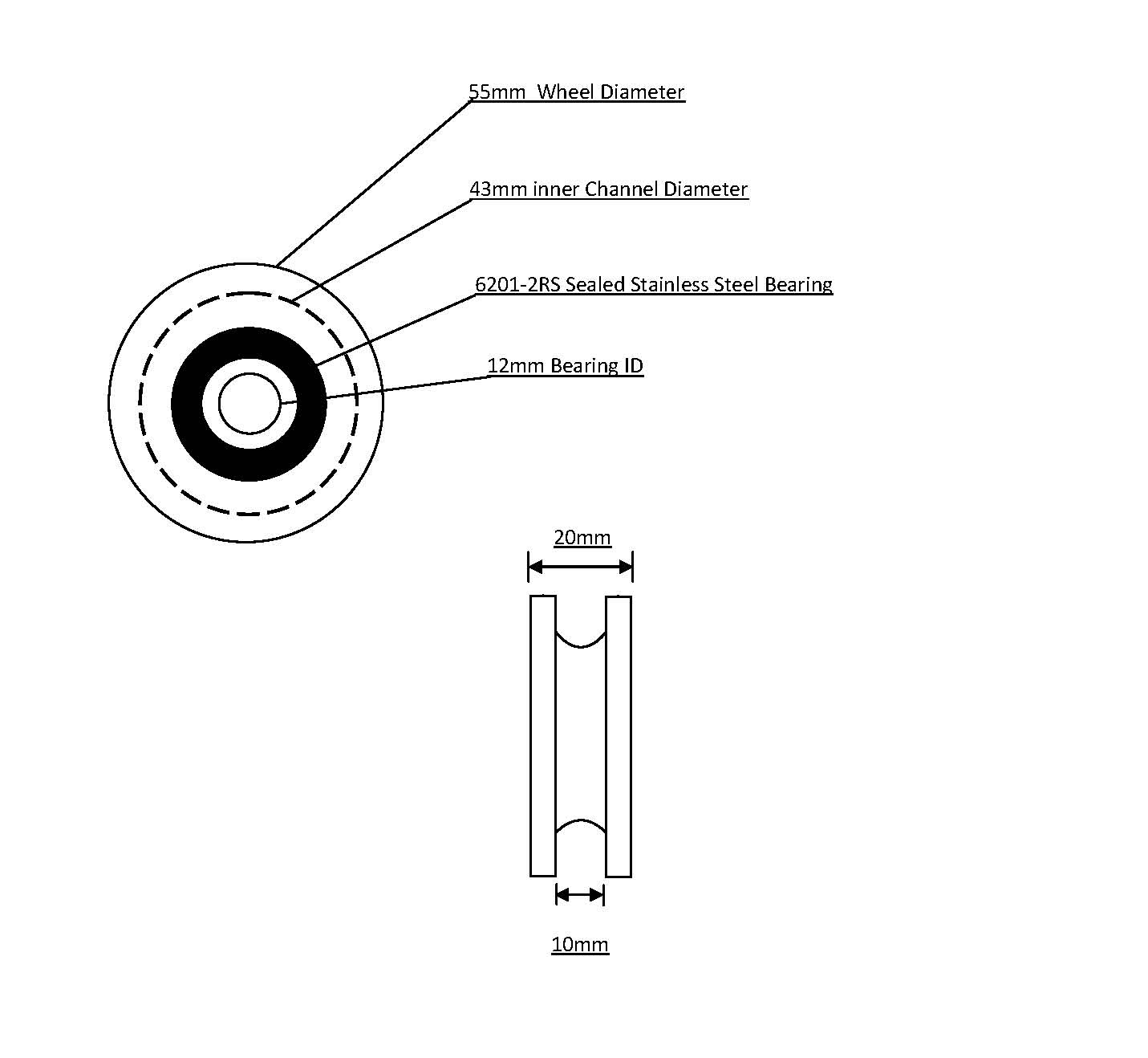 55mm Delrin Wheel, Bearing and Circlip 12mm ID Bearing