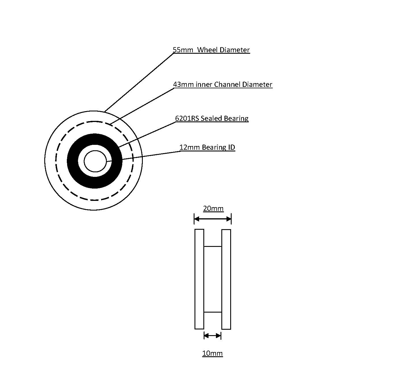 55mm Square Profile Delrin Wheel & 12mm ID Bearing