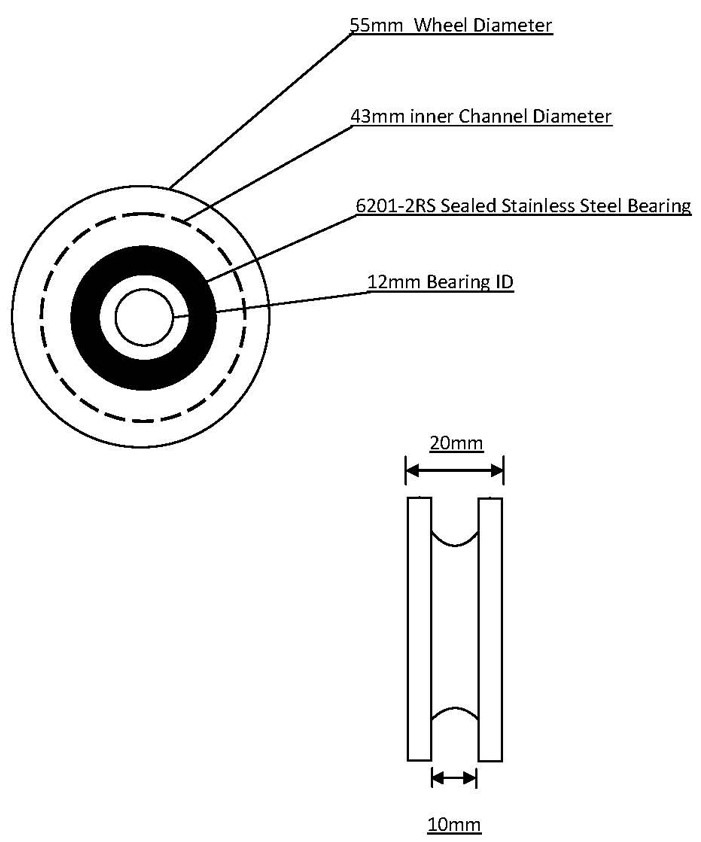 55mm U Profile Wheel & Axle Assembly