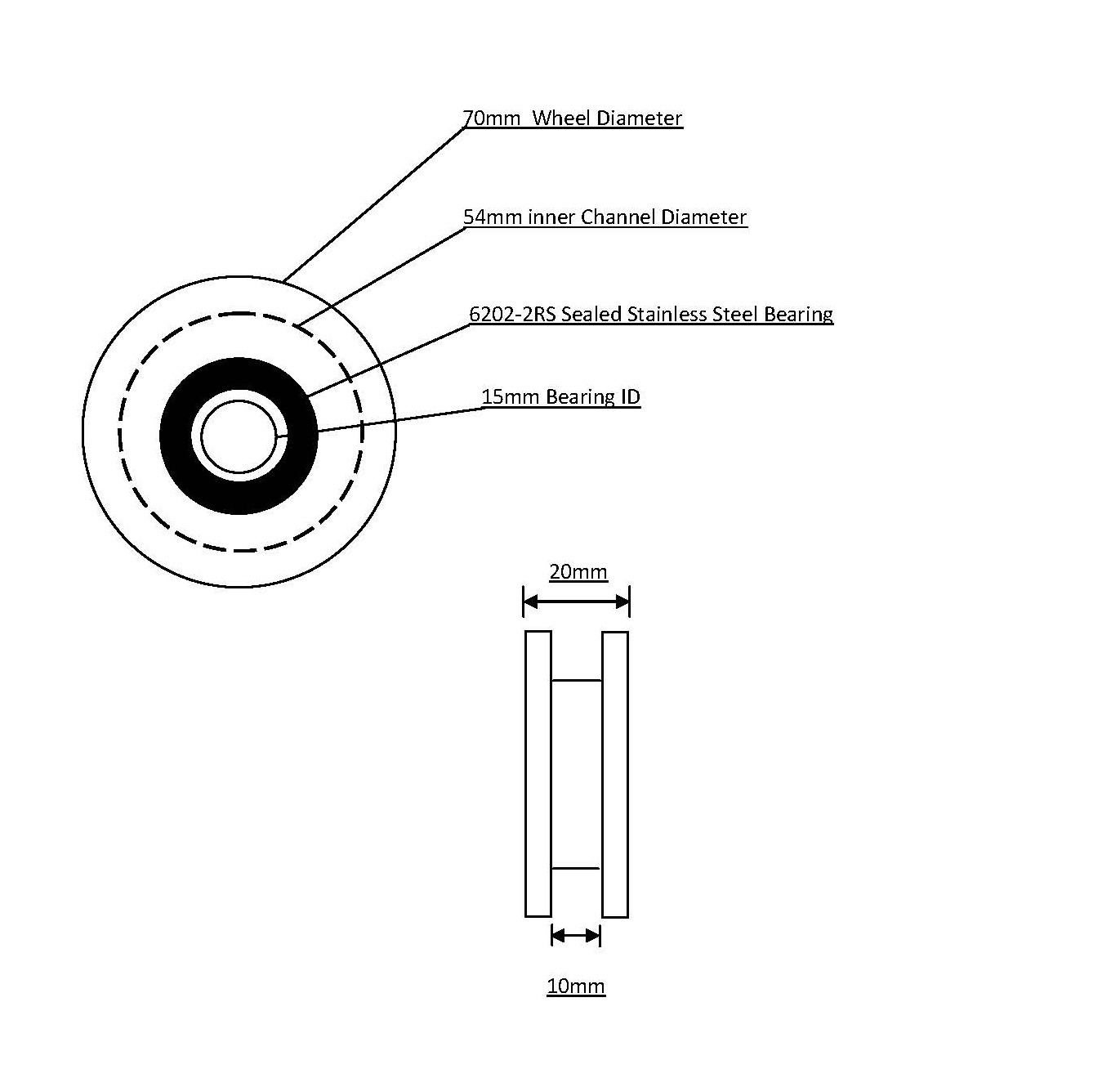 70mm  Square Profile Delrin Wheel & S/S Axle Assembly 