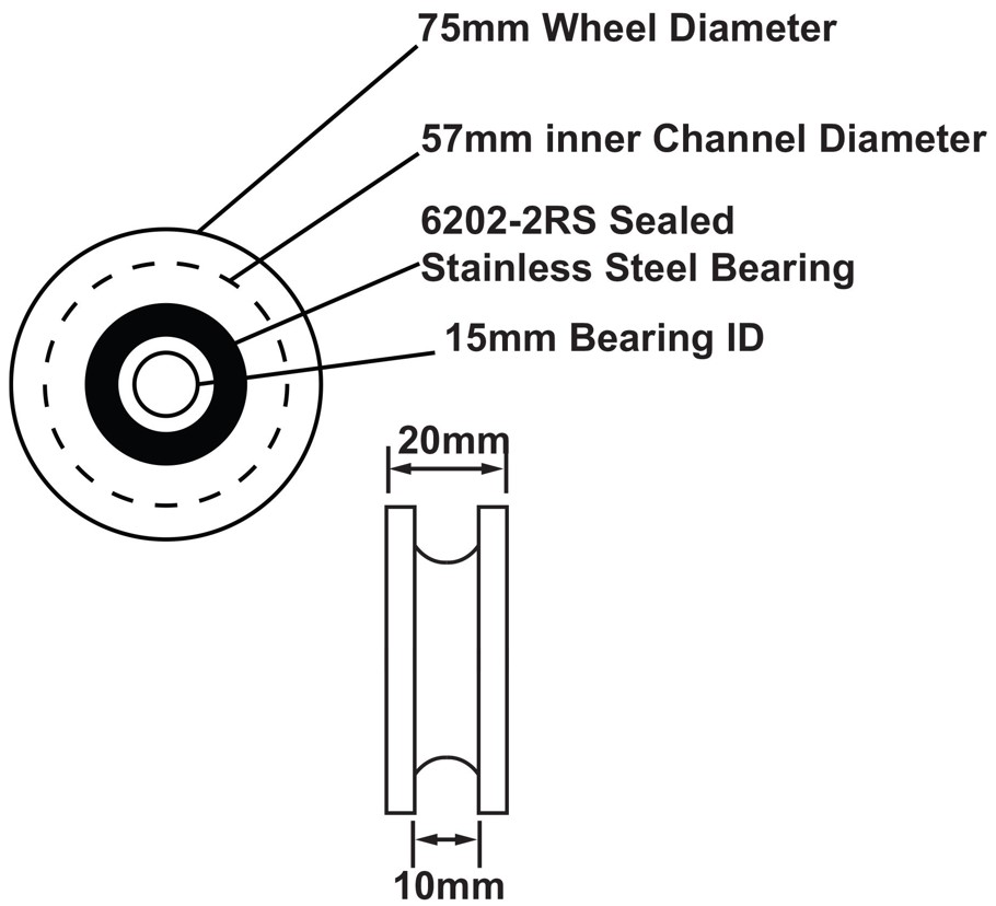75mm Square Profile Delrin Wheel & 15mm ID Bearing