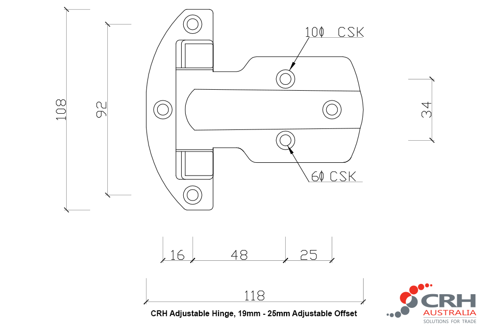 CRH Adjustable Hinge 19mm to 25mm Adjustable Offset